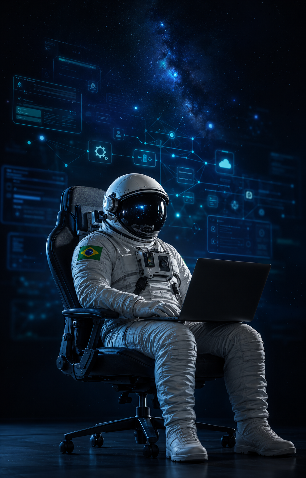 Astronauta com bandeira do Brasil trabalhando em um notebook